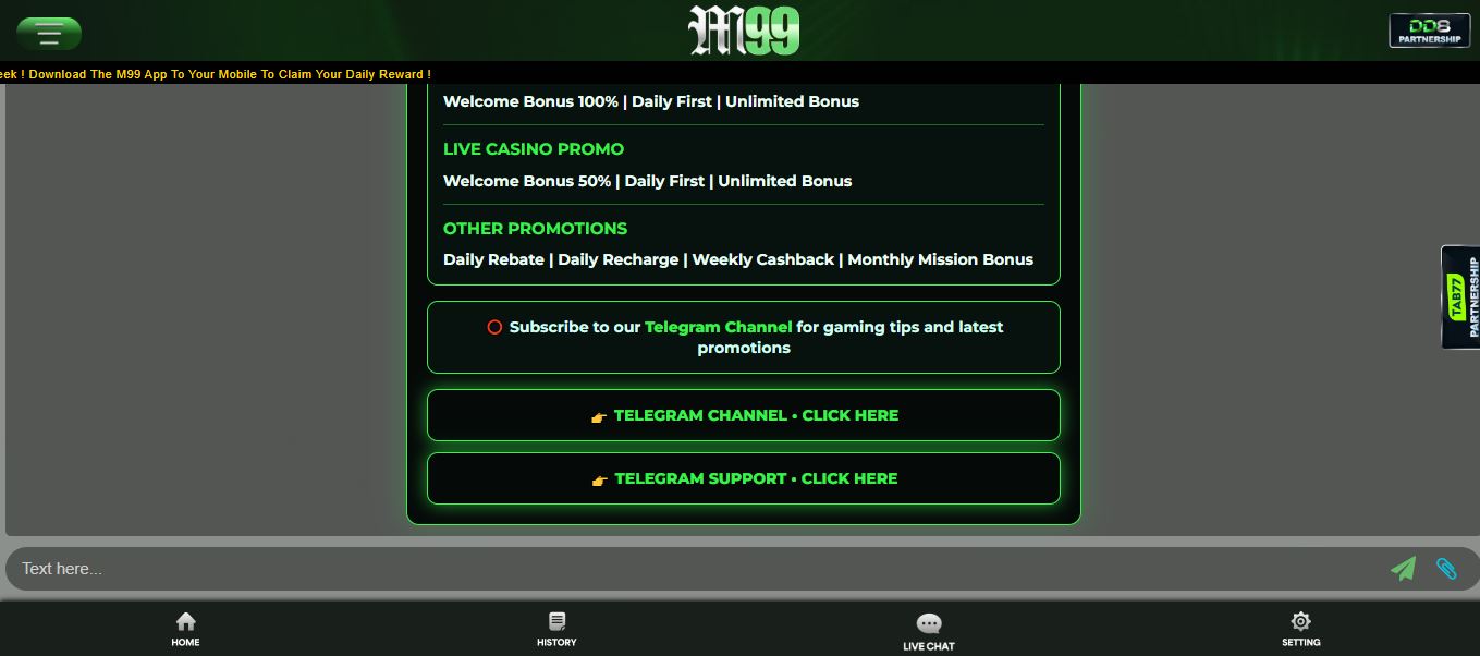 Contact M99 support via live chat and Telegram channels